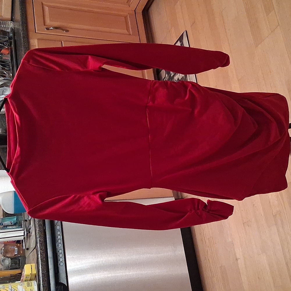 EUC Elegant Red Wrap Front Long Sleeve Ruched Bodycon Mini High Neck Dress